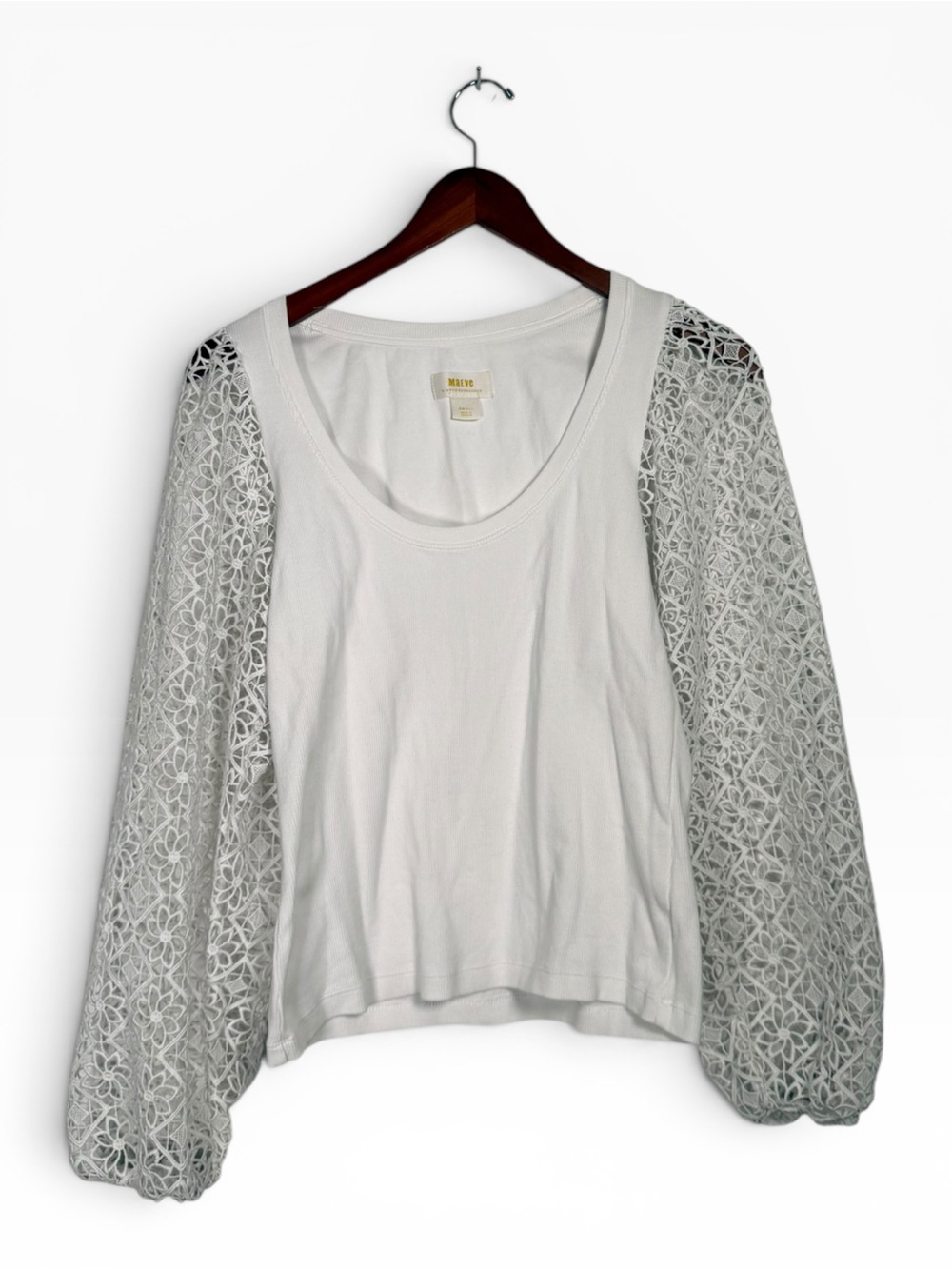 Anthropologie Maeve Lace Sleeve Top White Rib Knit Scoop Neck Women Small Shirt - Picture 4 of 9